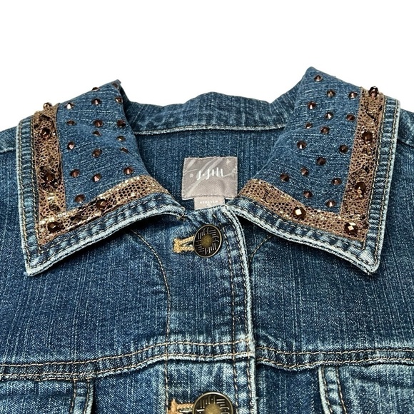 J. Jill Stretch Denim Jacket With Jewels & Metallic Gold Pattern Women's Size S - Picture 6 of 16